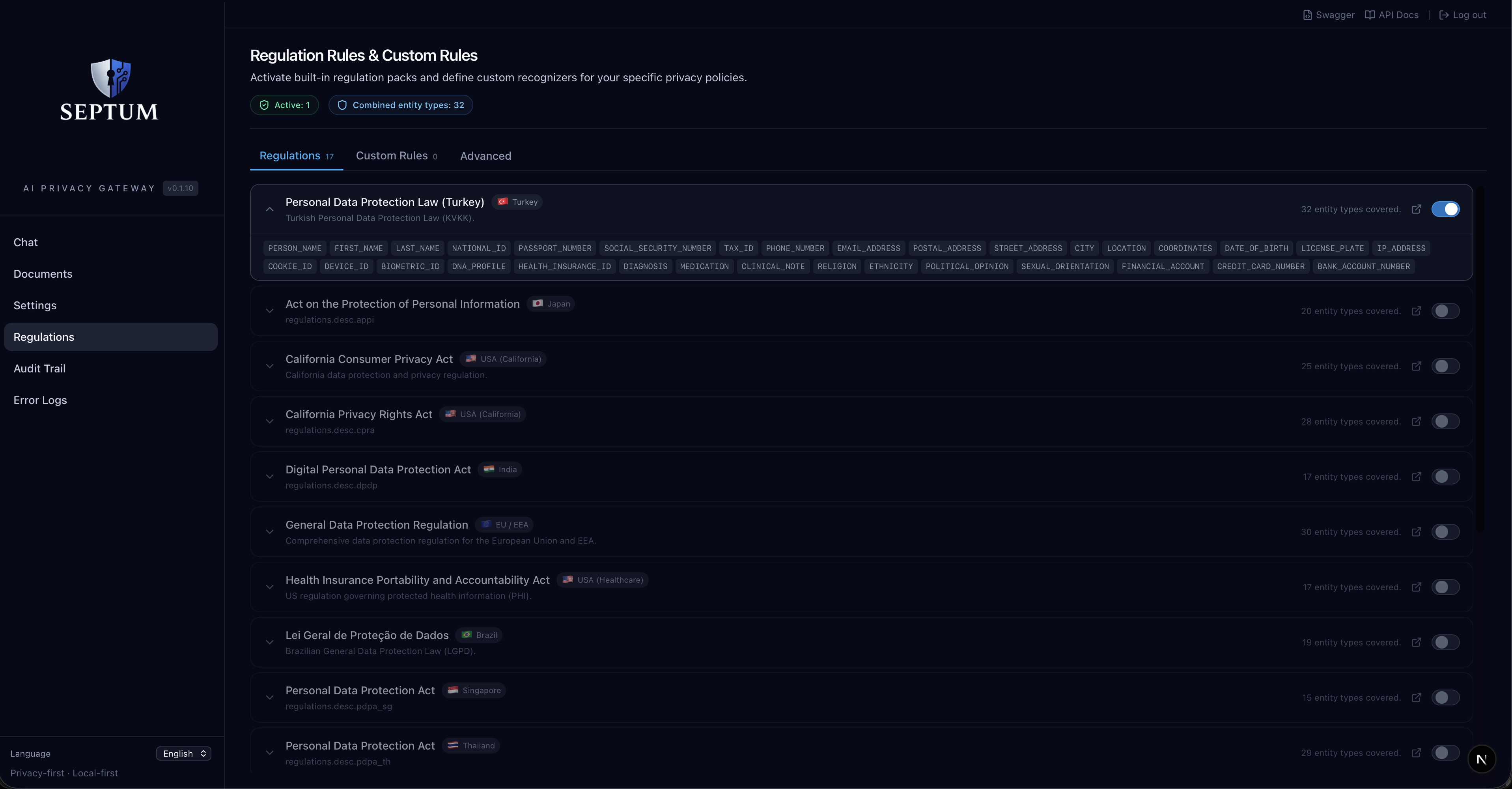 Custom regulation rules — regex, keyword list, LLM prompt