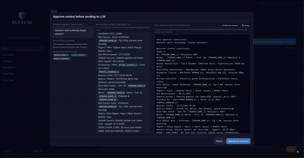 Chat approval flow — masked prompt, retrieved chunks, assembled cloud prompt, and the deanonymised answer