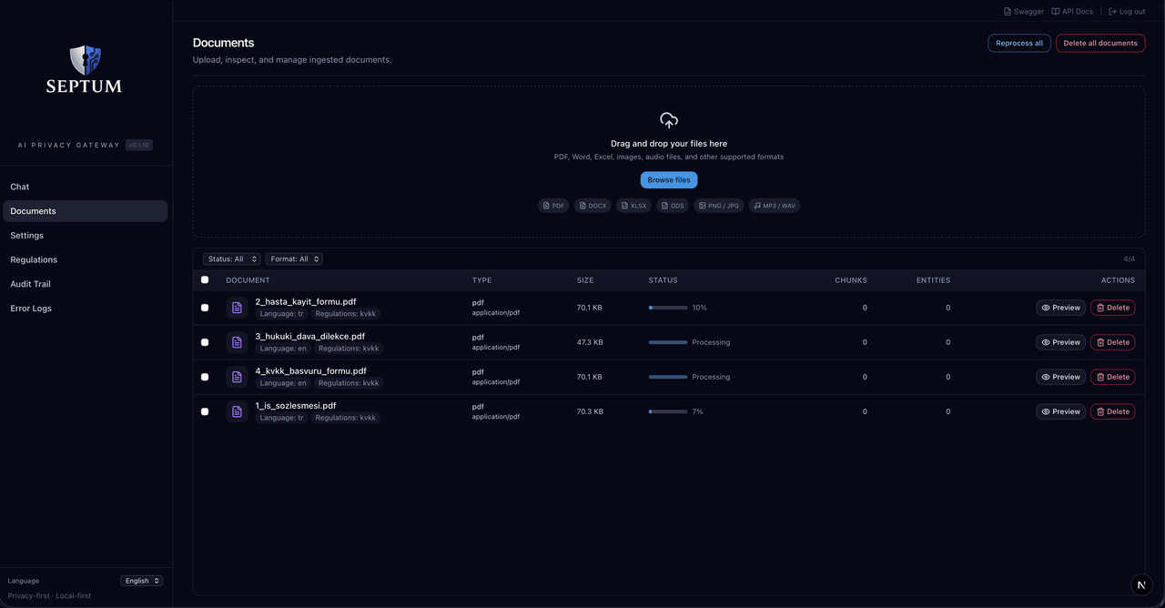 Documents list and preview with detected PII entities highlighted inline