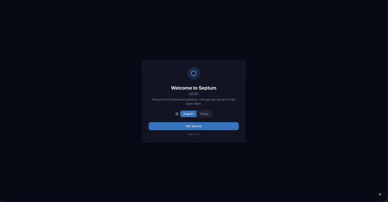 Setup wizard walkthrough — database, cache, LLM provider, regulations, audio model, admin account